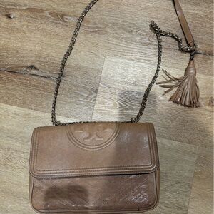 Tan Tory Burch Cross body with Silver Hardware